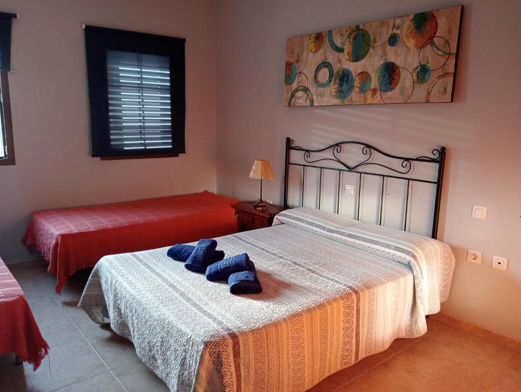 塞博河畔卡莱塔Casa Carmen Dolores的一间卧室配有两张床,床上配有毛巾