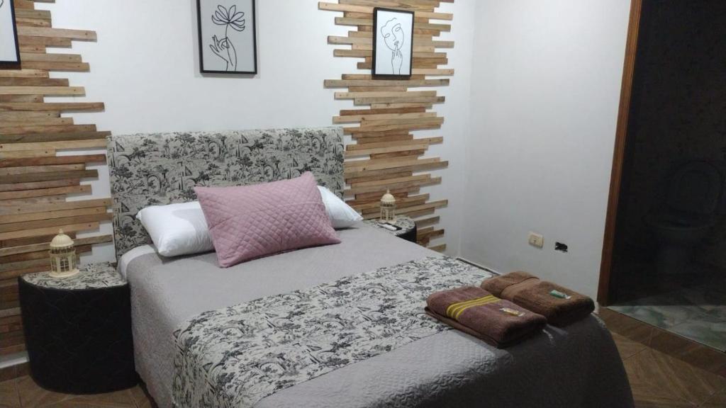 埃斯特城LVL Hospedaje Ejecutivo的一间卧室配有一张带粉色和灰色毯子的床