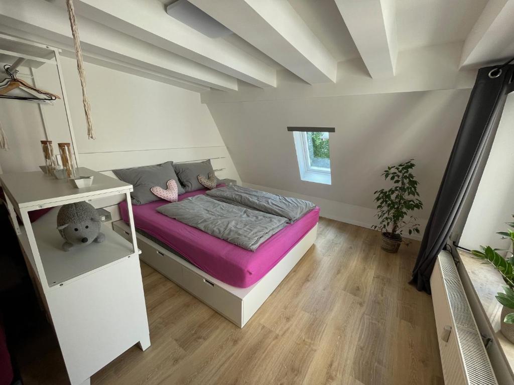 康斯坦茨Ferienwohnungen zu St. Johann的一间卧室配有一张带紫色床垫的床