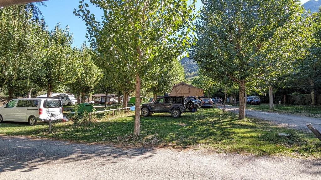 利亚沃尔西Camping Llavorsi的停在树旁的草地上的吉普车