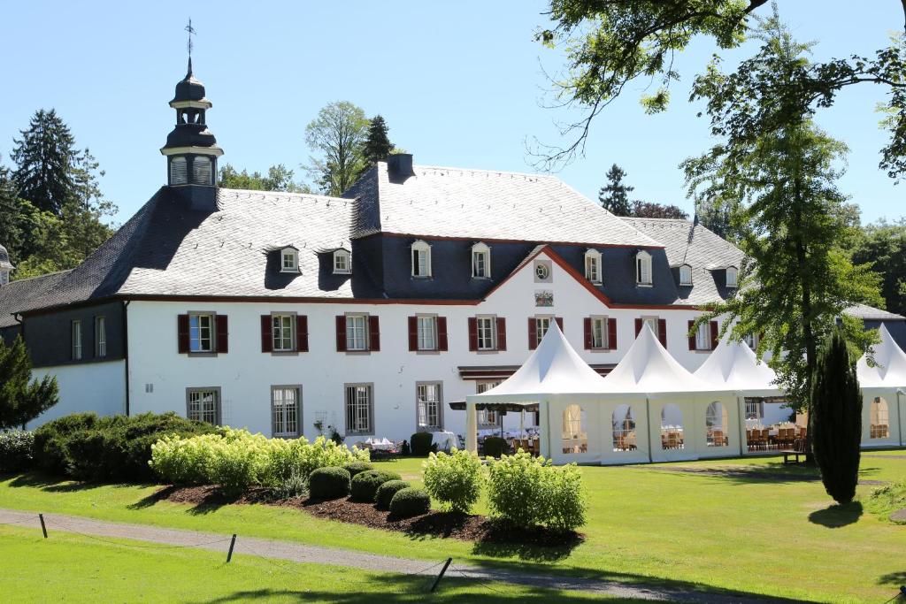 洛马尔Schloss Auel Boutique Hotel & Design Golf Lodge的黑色屋顶的大型白色房屋
