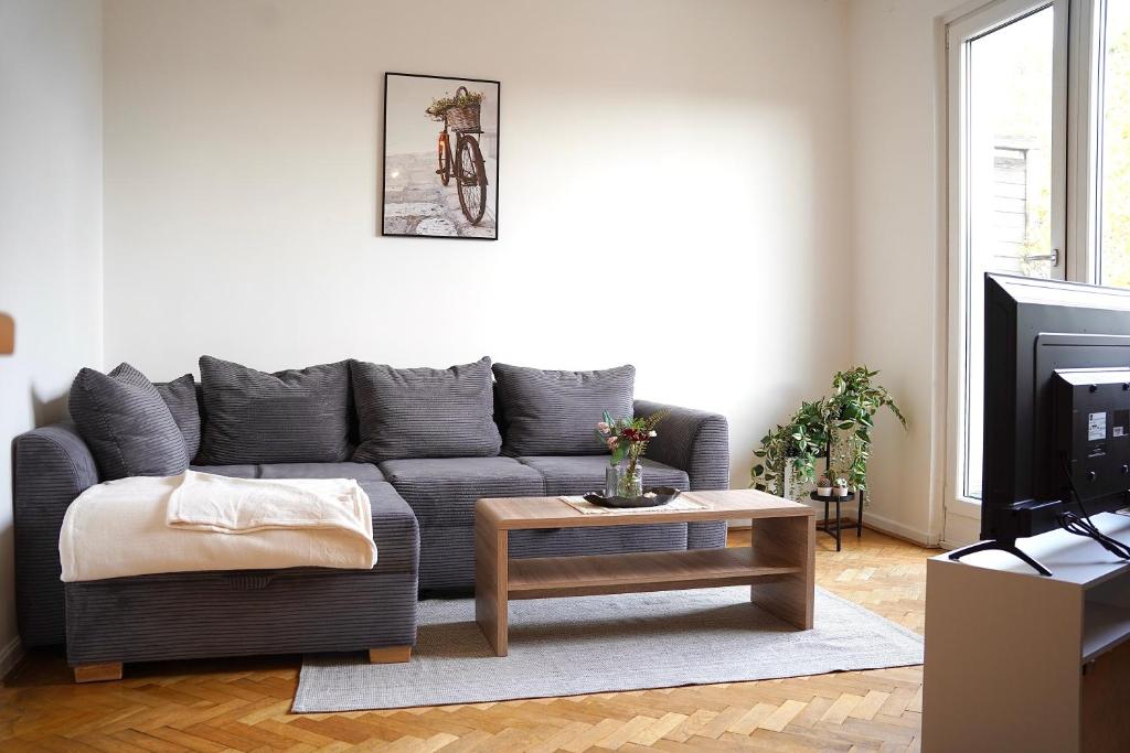 杜塞尔多夫*TOP Apartment* beliebte Lage* in Düsseldorf的客厅配有灰色的沙发和茶几