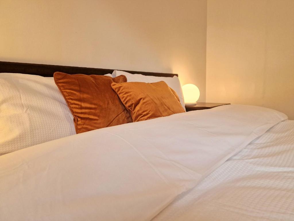吉尔福德Millmead Apartment in central Guildford with parking的一张白色的床,上面有两个枕头