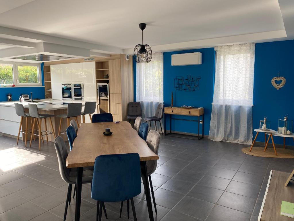 斯特拉斯堡Villa Exclusive的厨房拥有蓝色的墙壁,配有桌椅