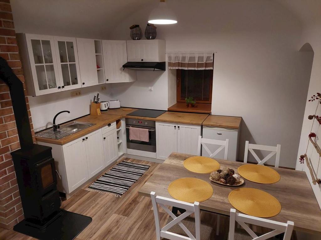 里托斯基挪威克Apartmán u Rádich的厨房配有桌子、两把椅子和炉灶。
