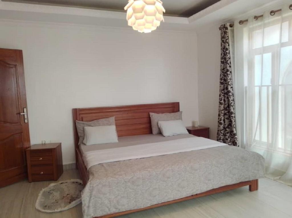 基加利Kagarama Residential House:的一间卧室配有一张大床和一个吊灯。