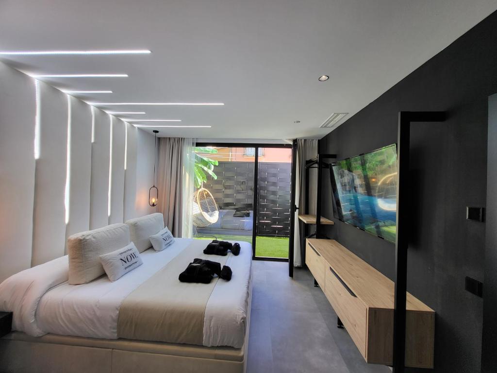 鲁伊德拉suites home ruidera的一间卧室配有一张大床和电视