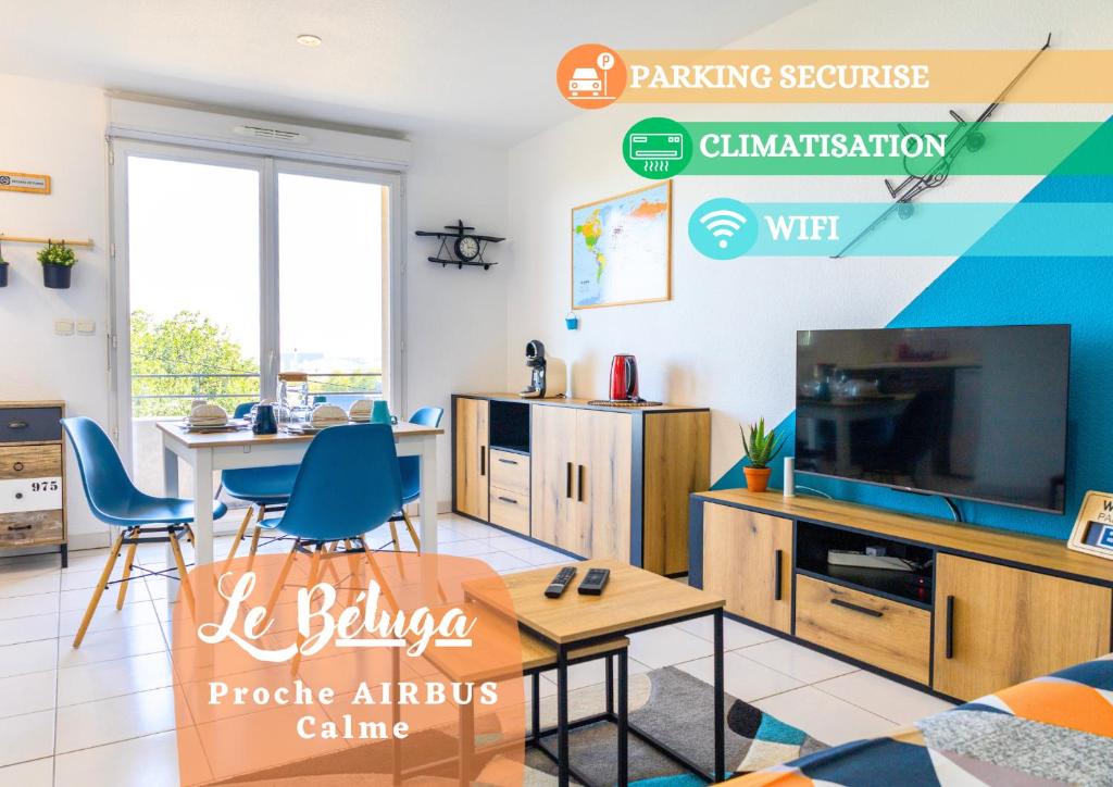 科洛米耶Le Beluga – Appartement proche Airbus的客厅配有电视和桌子
