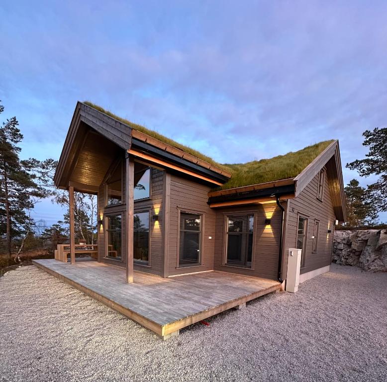 DrangedalHelårs moderne familiehytte med wifi, billader, ski inn, ski ut og utmerket beliggenhet的一座带大甲板的草屋顶房子