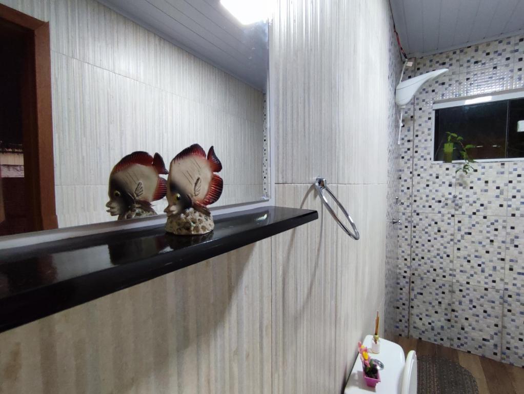 伊瓜苏Casa Silvano's II的架子上两只鱼雕像的浴室