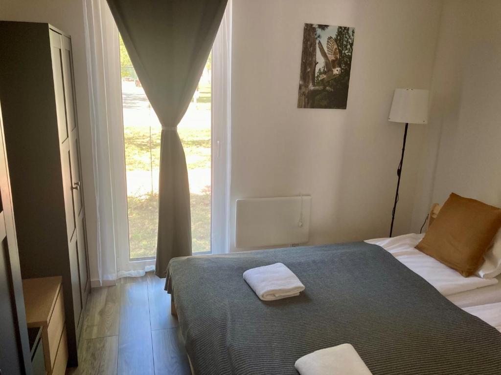 霍德梅泽瓦沙海伊Hód-Thermal Camping的酒店客房设有床和窗户。