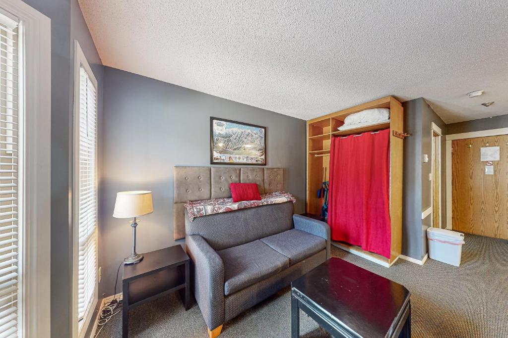 大白山Whitefoot Lodge 342/344的带沙发和红色窗帘的客厅