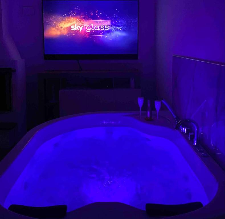 萨莱诺Casa vacanza “oasi”的一间暗室,设有带电视的大浴缸