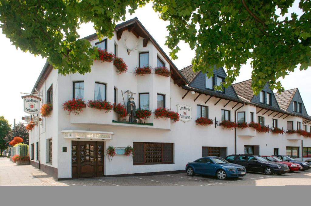 朗根费尔德兰德罗曼酒店的一座白色的建筑,前面有汽车停放
