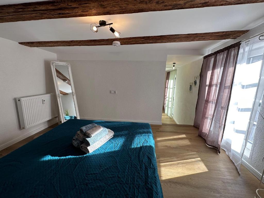 卡佩尔罗德克Villa Waldulm的一间卧室配有一张带蓝色毯子的床