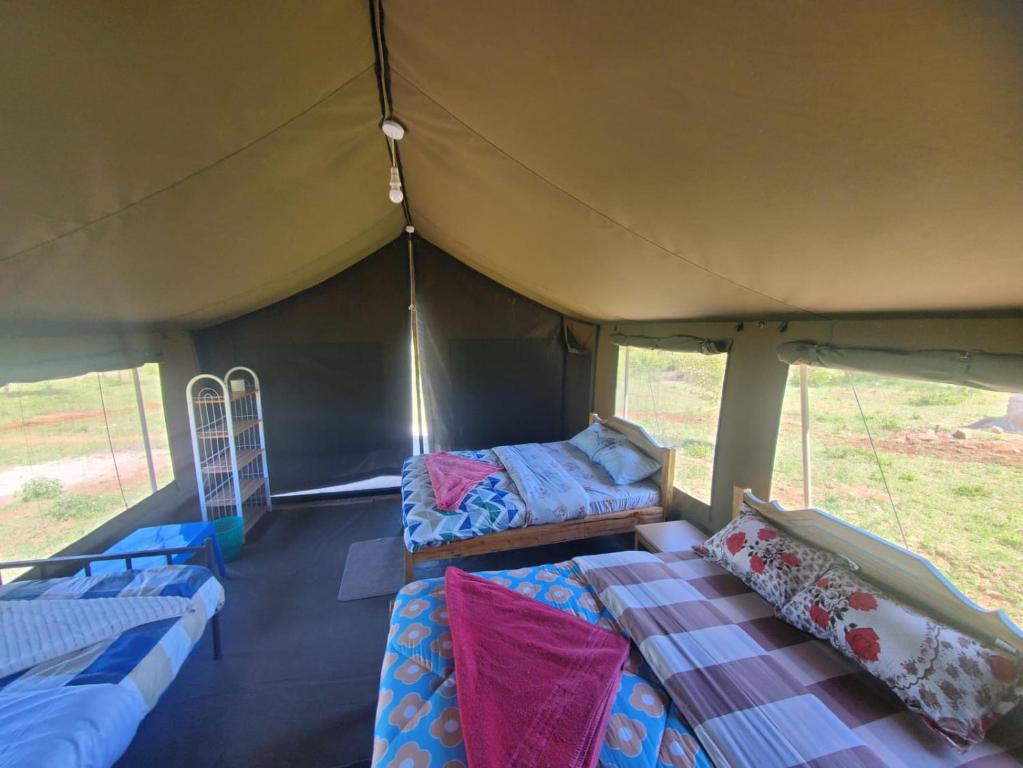 SekenaniOrboma maasai home stay的帐篷配有两张床和一张沙发