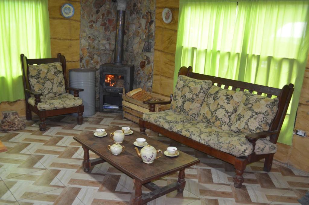 乌斯怀亚Caballo de Fuego的带沙发、桌子和壁炉的客厅