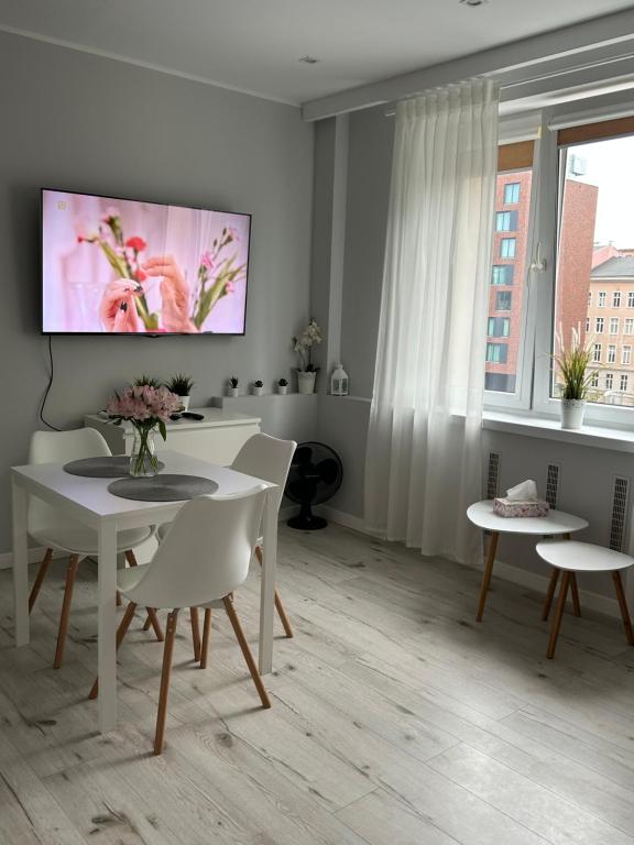 弗罗茨瓦夫Apartament na Dworcowej Centrum的客厅配有桌椅和电视。