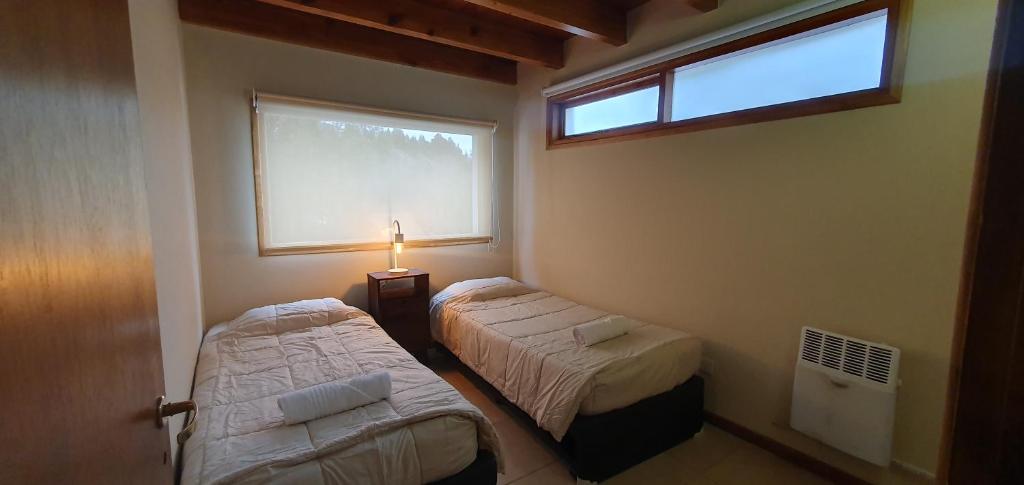 圣马丁德洛斯Cabaña Victoria I的小房间设有两张床和窗户