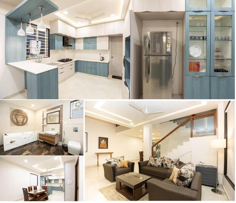 海得拉巴Family&PetFriendly 5BHK With Jacuzzi @BanjaraHills的厨房和客厅的两张照片