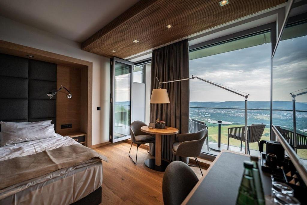萨尔费尔德Kulmberghaus Resort的酒店客房设有一张床和一个大窗户