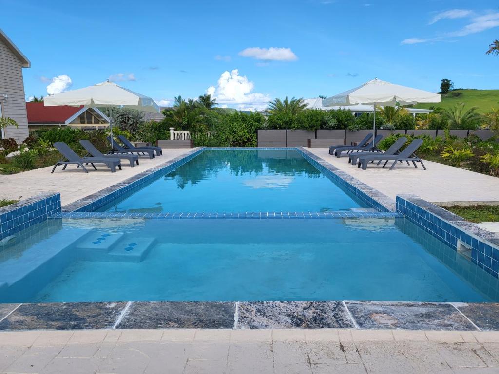 NewfieldCrawlbay Suites Hotel的度假村内带椅子的游泳池