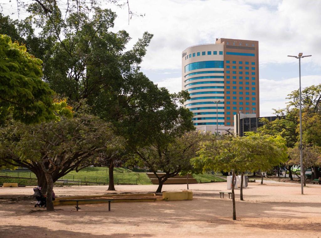 阿雷格里港Hilton Porto Alegre, Brazil的一座树木繁茂的公园和一座高大的建筑