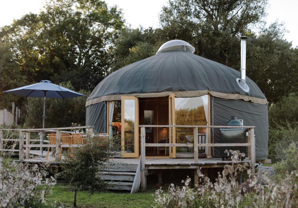 GodshillTree Field Yurt at Moor Farm的花园内的凉亭,配有遮阳伞