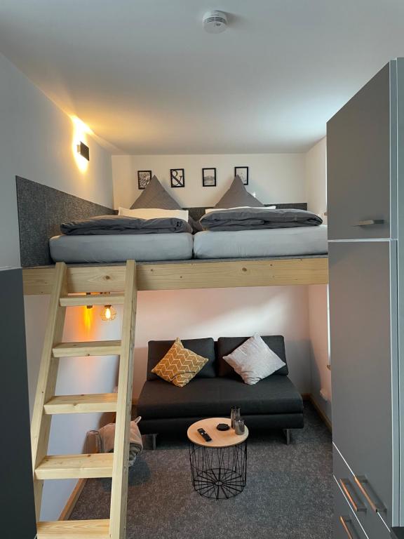KittlitzTiny House im Spreewald的小房间设有双层床和沙发