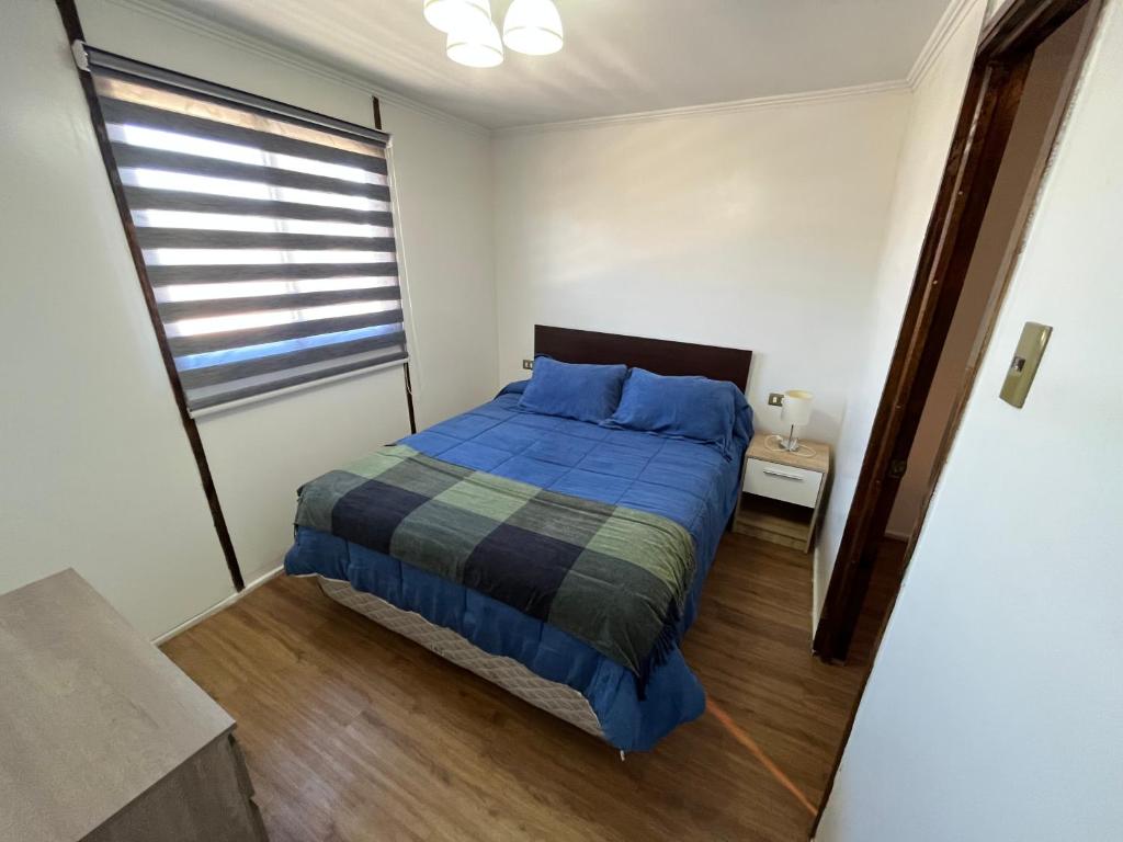 阿尔加罗沃Deptos Guacolda的一间卧室设有蓝色的床和窗户。