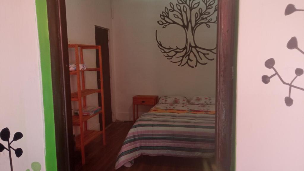 科洛尼亚-德尔萨克拉门托Posada the secret的卧室配有一张床,墙上挂着一棵树的镜子