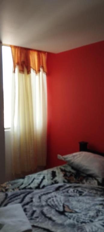 伊皮亚莱斯Ipiales puerta de oro的一间卧室设有一张红色墙壁和窗户的床