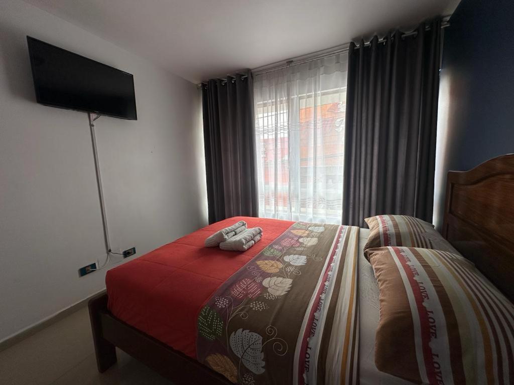 伊基克hotel V I D的一间卧室配有一张带红色毯子的床和窗户。