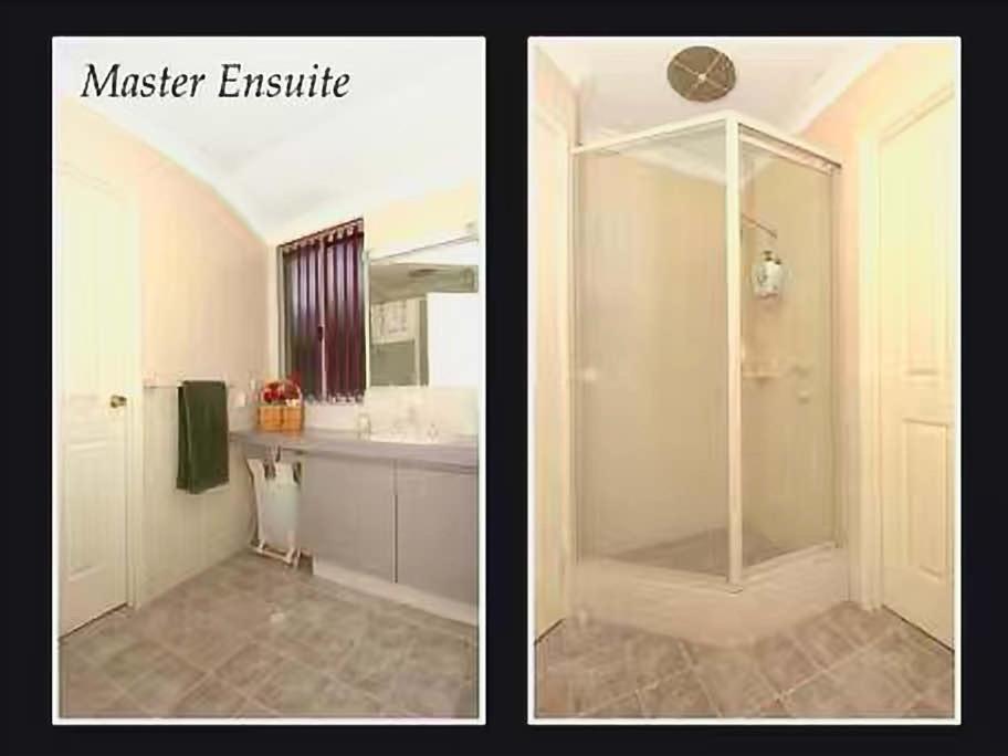 珀斯Double room share bathroom and kitchen的两张照片,浴室设有淋浴和水槽