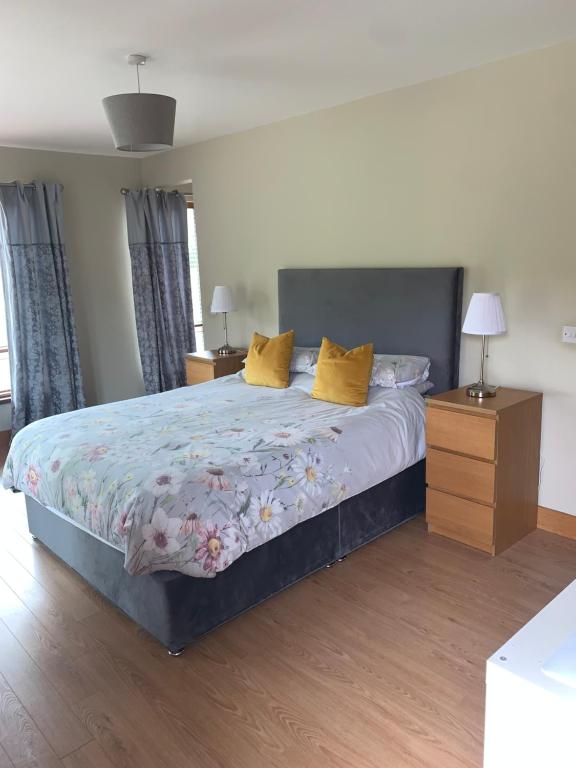 拉腊Sliabh Amharc的一间卧室配有一张带黄色枕头的大床