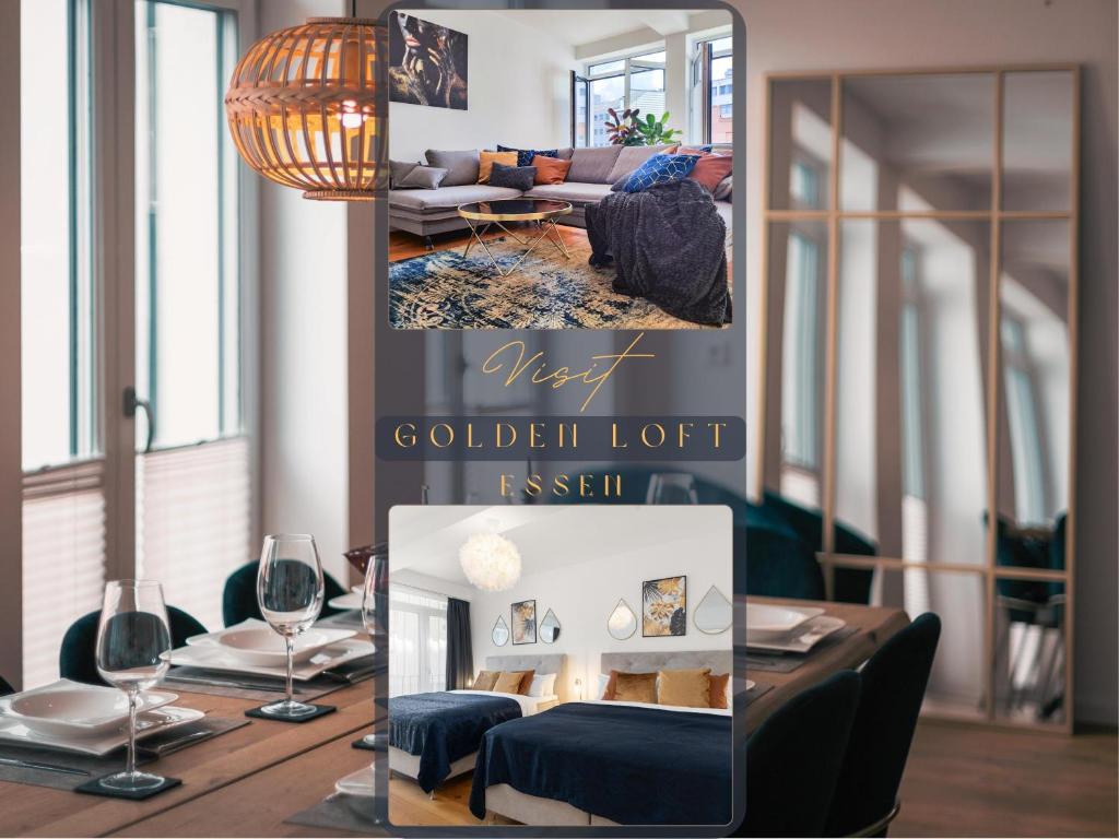 埃森Golden-Loft 92qm, zentral & ruhig, Messe I HBF nah的一间带桌子的用餐室和一间客厅