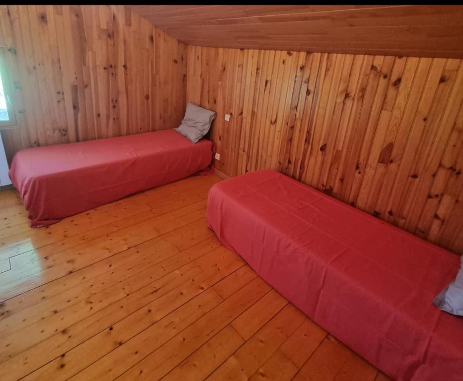 SapoisMaison de vacances的配有木墙和木地板的客房中的两张床