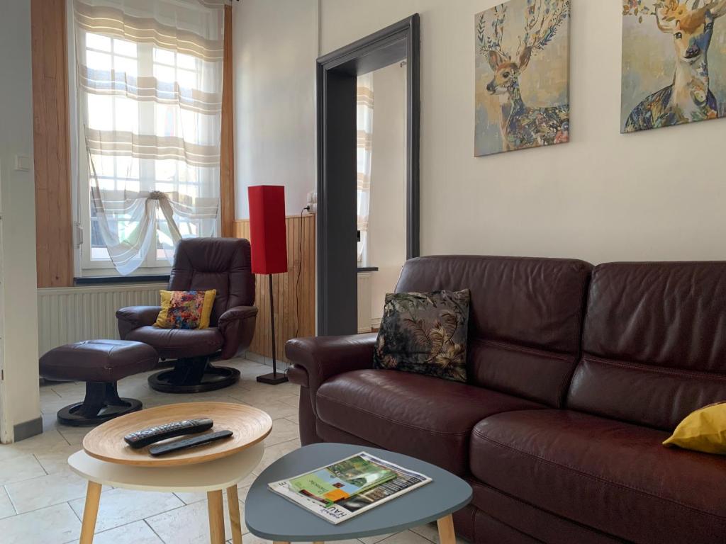 GuiseGITE Le tapis vert - Guise的客厅配有棕色沙发和桌子
