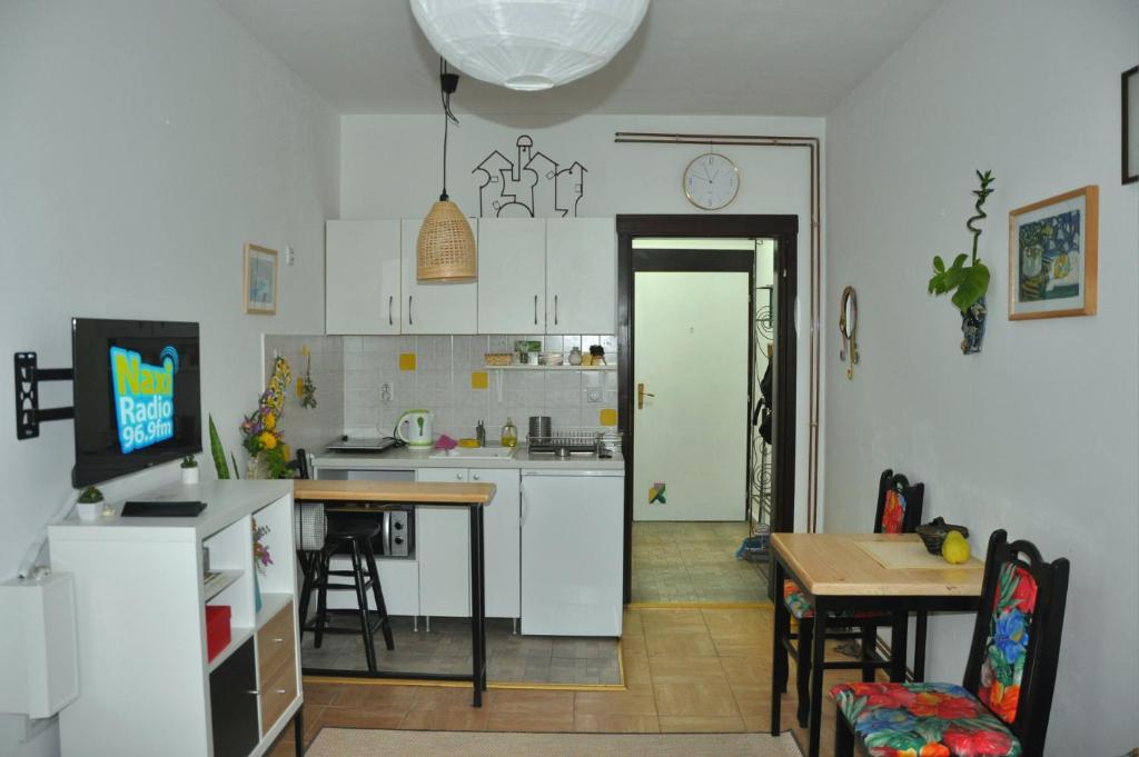 ObrenovacStudio5, sa parkingom, centar Obrenovca的厨房配有白色橱柜、桌子和用餐室。