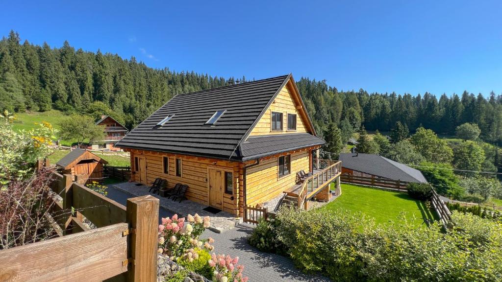 拉普斯尼恩Dom na Zielonym Wzgórzu z własną Sauną i Jacuzzi的一座大型木房子,设有黑色屋顶