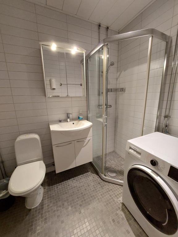 斯德哥尔摩Home Inn LNG20的带淋浴卫生间和洗衣机的浴室