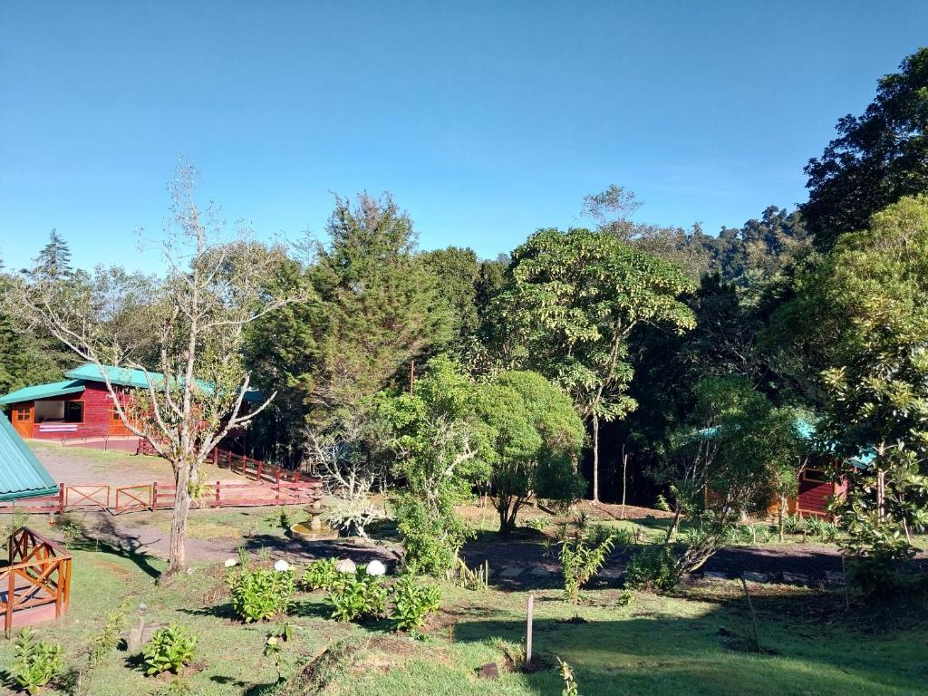 CopeyCuruba Lodge的花园内有红色的建筑和树木