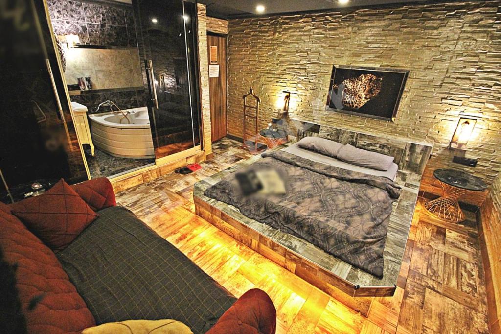 安卡拉Elegant House Otel的一间卧室设有一张大床和一个浴缸