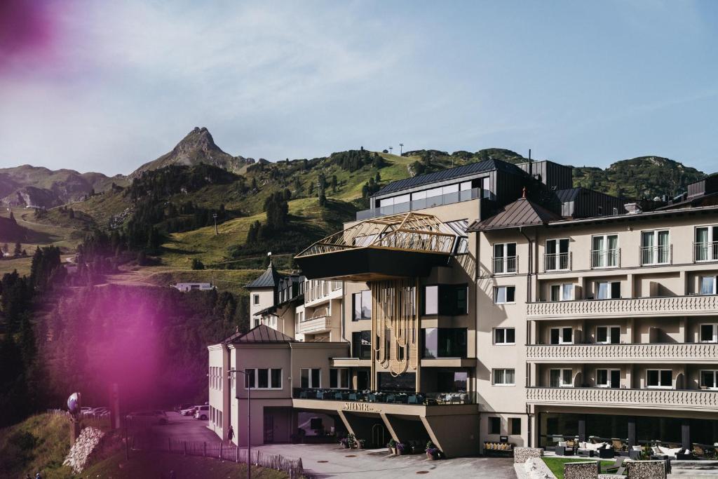 上陶恩Hotel Steiner Superior的享有背景山景建筑的景致。