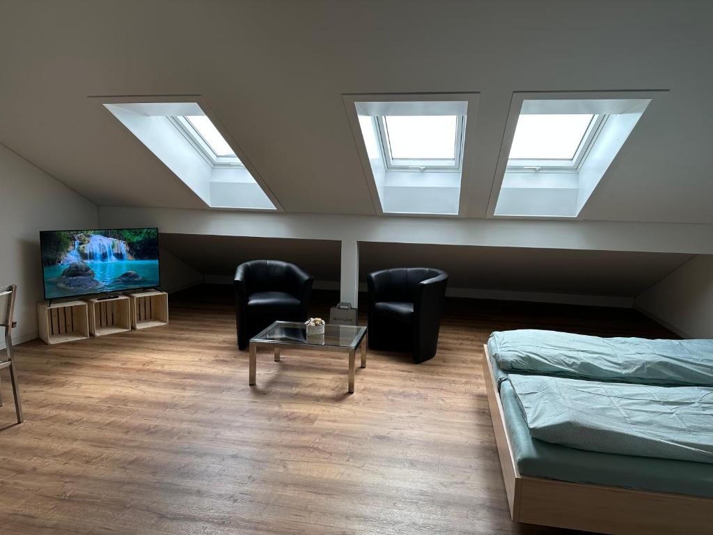 SeengenNeue Einzimmer Dachwohnung的客房设有天窗、一张床和电视。