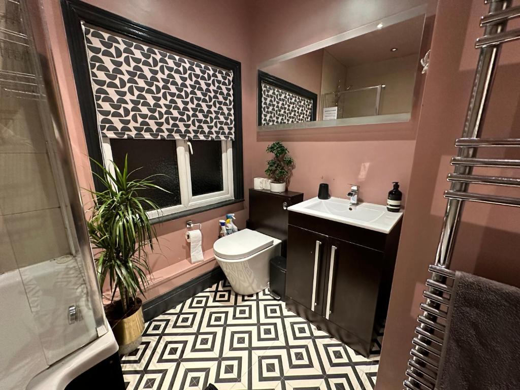 纽马基特Suffolk pink house, Newmarket town centre的一间带水槽、卫生间和镜子的浴室