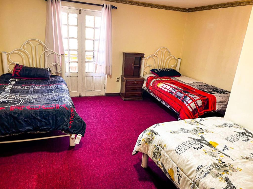 波托西HOSTAL SAN MARCOS POTOSÍ的一间卧室配有两张床,铺有红地毯