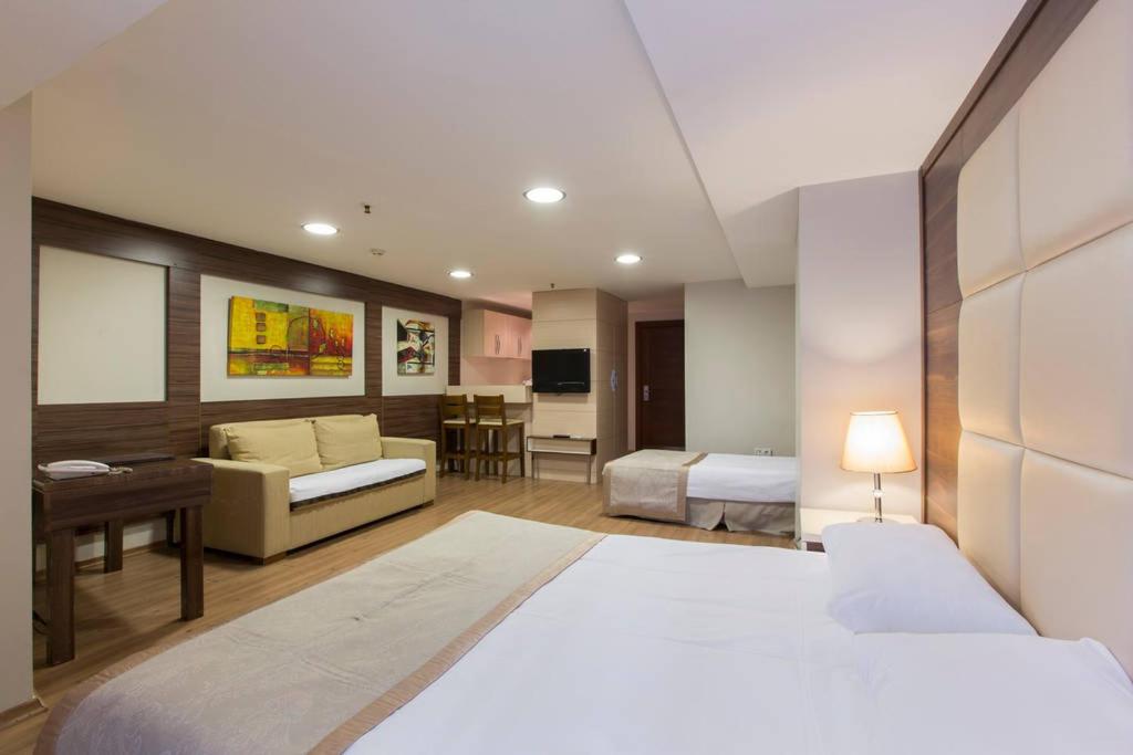 伊斯坦布尔Derpa Hotel的一间卧室设有一张床和一间客厅。