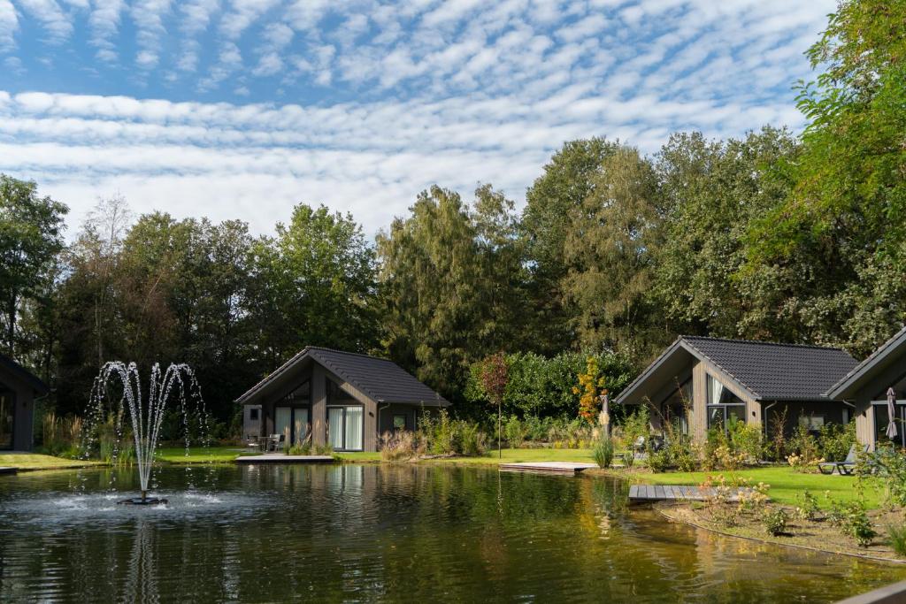 奥斯楚特Vakantiepark Latour的一个带池塘和小屋的花园