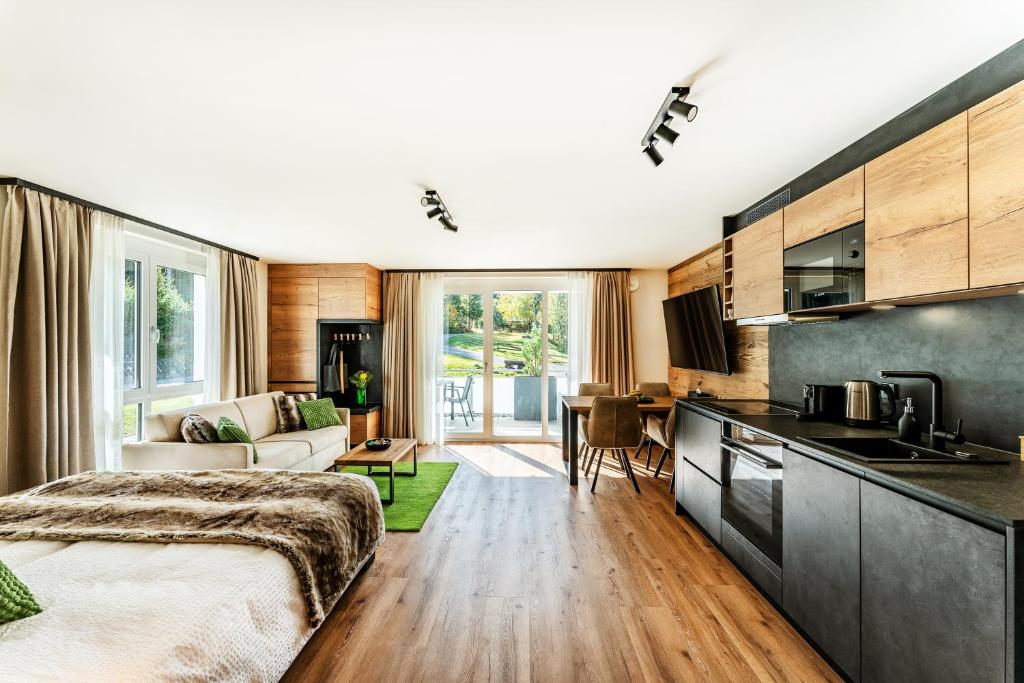 施卢赫湖Black Forest Luxury Apartment Bärenhöhle mit Sauna的一间设有床铺、厨房和客厅的房间